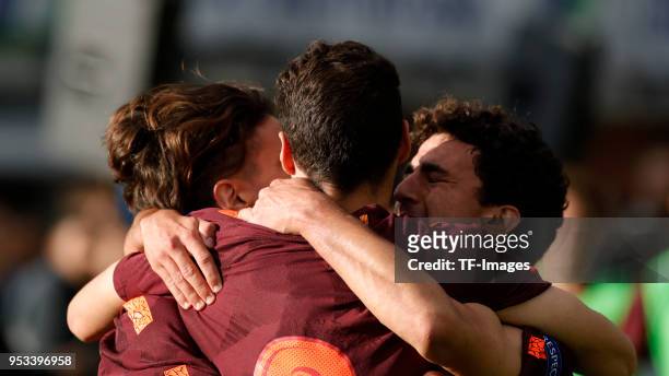 Abel Ruiz of Barcelona celebrates after scoring his team`s third goal with team mates during the UEFA Youth League Final match between Chelsea FC and...