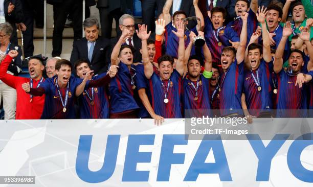 Presentation ceremony of Barcelona after the UEFA Youth League Final match between Chelsea FC and FC Barcelona at Colovray Sports Centre on April 23,...