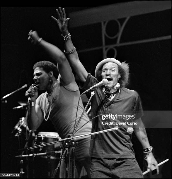 Charles Neville and Aaron Neville of The Neville Brothers performing at the Shaw Theatre, London, UK on 31 January 1985.