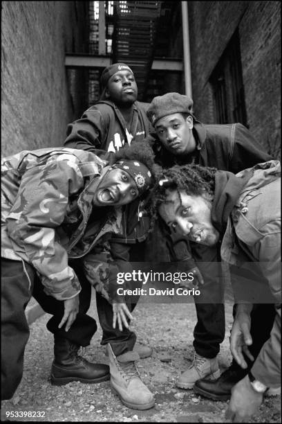 Group portrait of The Gravediggaz in Tribeca, New York City on 14 May 1994. Clockwise from bottom left: The Rzarector , The Gatekeeper , The...