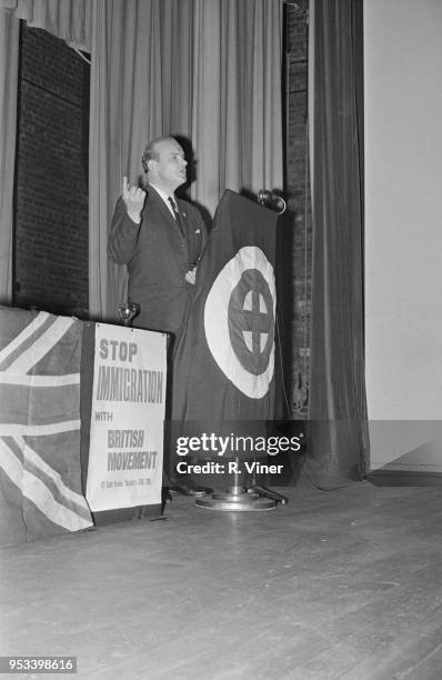 National socialist and Neo-Nazi politician Colin Jordan speaking at a conference in Coventry, UK, 29th October 1971.