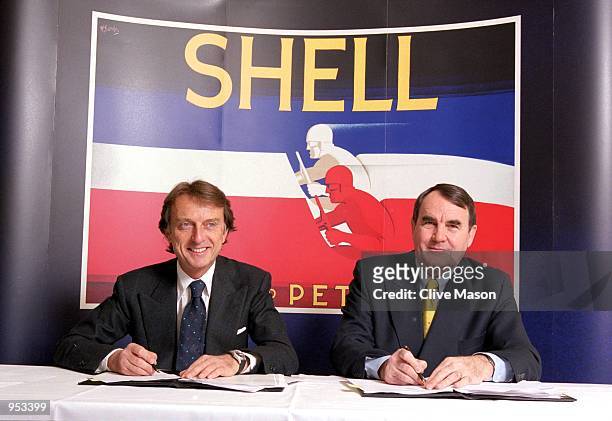 Luca Di Montezemolo, the Chairman of Ferrari and Paul Skinner, the CEO of Shell Oil Products prepare to sign the Renewal of the Shell and Ferrari...
