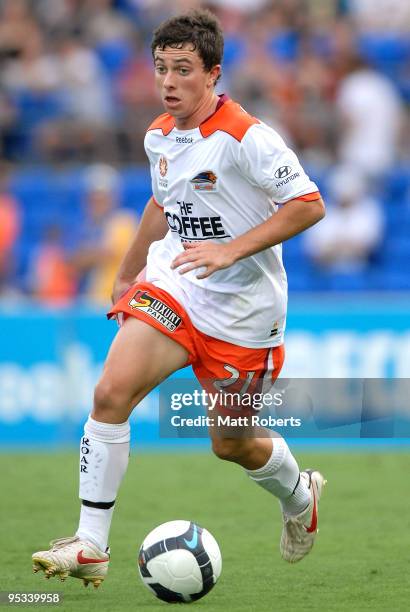 Tommy Oar of Roar in action during the round 21 A-League match between Gold Coast United and Brisbane Roar at Skilled Park on December 26, 2009 in...