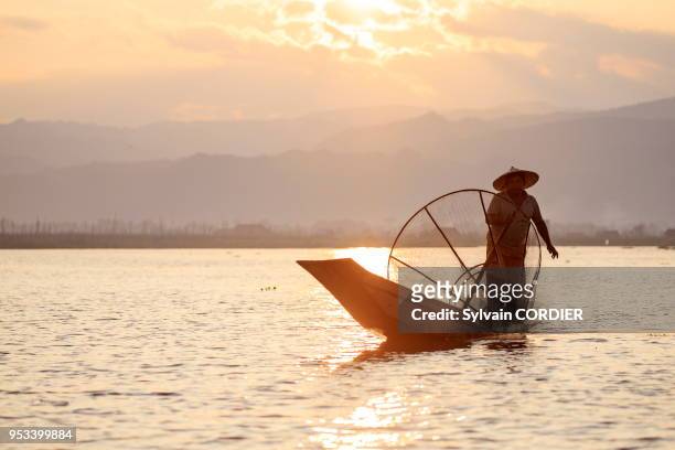Myanmar , province de Shan, Lac Inle, village Nyaungshwe, pêcheur Intha pêchant dans le lac, pêche traditionnelle à la nasse. Myanmar, Shan state,...