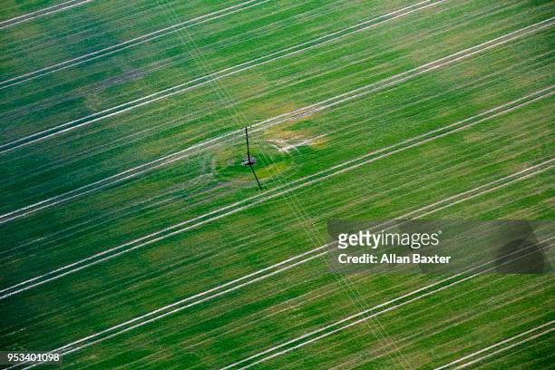 birds eye view of green fields and pylons in cambridgeshire - huntingdon stockfoto's en -beelden