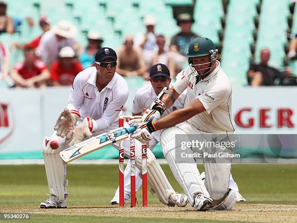 Graeme Smith of South Africa hits out during day one of the second test match between South Africa and England at Kingsmead Stadium on December 26,...