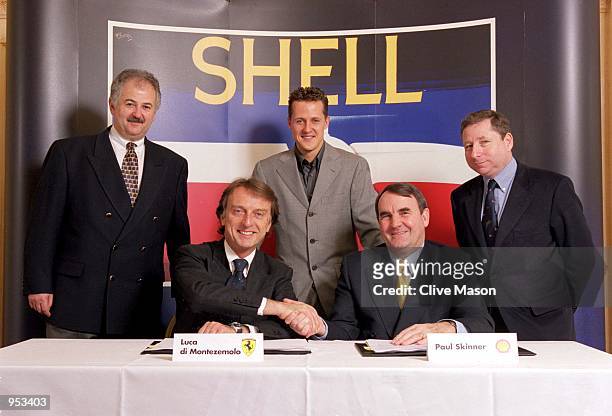 Russell Caplan the Executive VP Marketing of Shell Oil Products, Luca Di Montezemolo the Chairman of Ferrari, Michael Schumacher, Paul Skinner the...