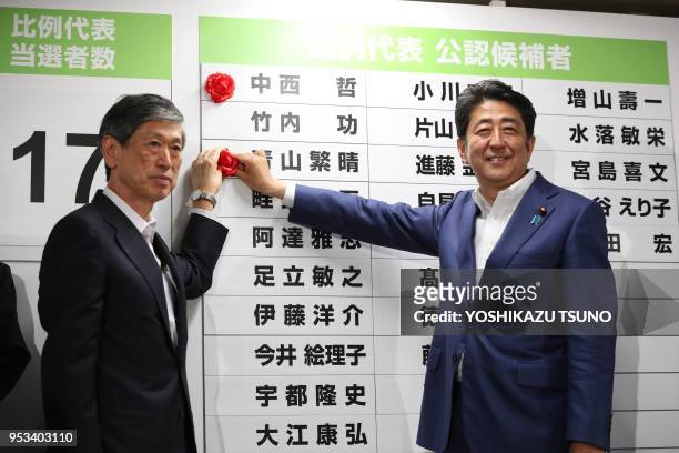 Japanese Prime Minister and ruling Liberal Democratic Party president Shinzo Abe and vice president Masahiko Komura pin a rosette on their party's...