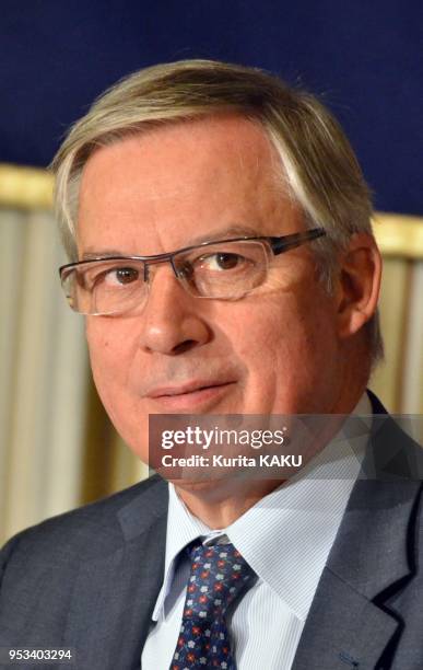 Governor of the Bank of France Christian Noyer during press conference at the Foreign Correspondents' Club of Japan on October 10, 2012 in Tokyo...