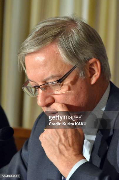 Governor of the Bank of France Christian Noyer during press conference at the Foreign Correspondents' Club of Japan on October 10, 2012 in Tokyo...