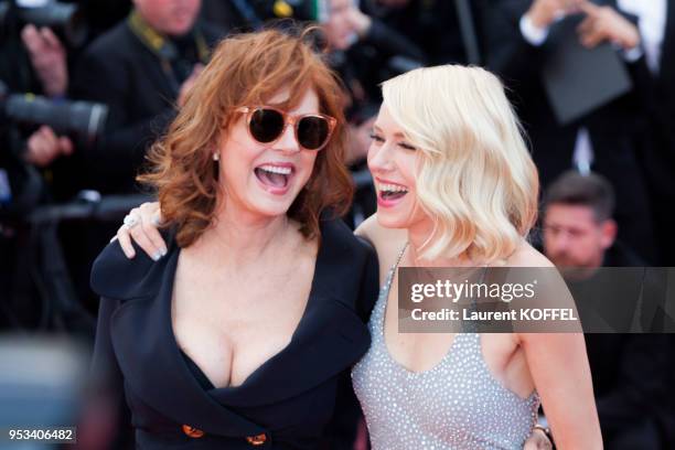 Susan Sarandon and Naomi Watts attend the 'Money Monster' premiere during the 69th annual Cannes Film Festival at the Palais des Festivals on May 12,...