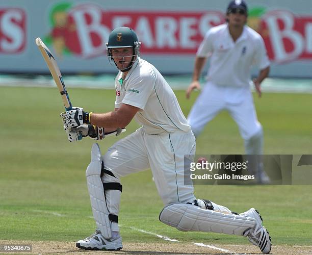 Graeme Smith of South Africa with a square-cut during day 1 of the 2nd test match between South Africa and England from Sahara Stadium Kingsmead on...