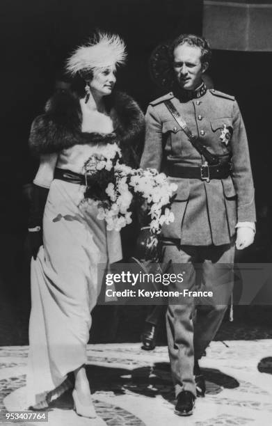 Les souverains belges à leur arrivée à l'exposition de Bruxelles, Belgique le 4 mai 1935.