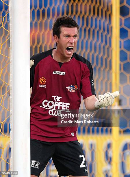 Griffin McMaster of Roar setting Roar defenders for a United penalty kick during the round 21 A-League match between Gold Coast United and Brisbane...