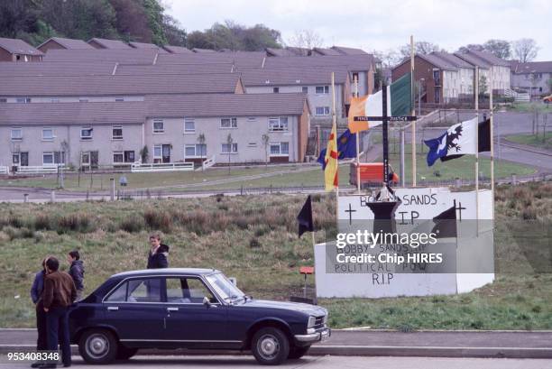 Mémorial du militant de l'IRA Bobby Sands circa 1985 à Belfast en Irlande du Nord.