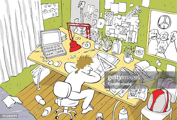 illustrations, cliparts, dessins animés et icônes de illustration d'un artiste s ou en chambre, bureau de travail, - caricaturiste