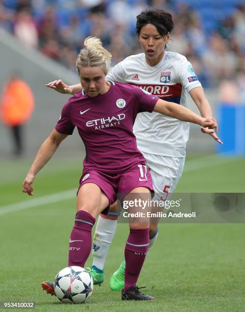 Isobel Christiansen of Manchester City Women is challenged by Saki Kumagai of Olympique Lyonnais during the UEFA Women's Champions League, Semi Final...