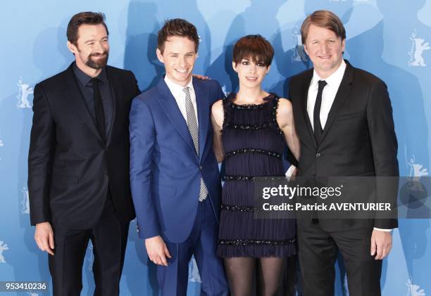 Hugh Jackman, Eddie Redmayne, director Tom Hooper and Anne Hathaway attend 'Miserables' press conference during the 63rd Berlinale International Film...