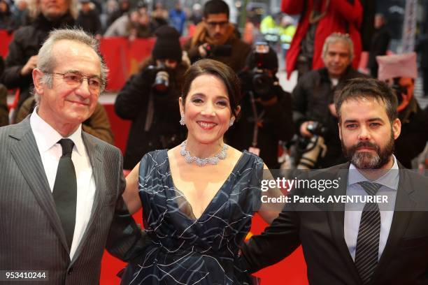 Sergio Hendandez, director Sebastian Lelio and Paulina Garcia with jewellery of Tesiro attend 'Gloria' premiere during the 63rd Berlinale...