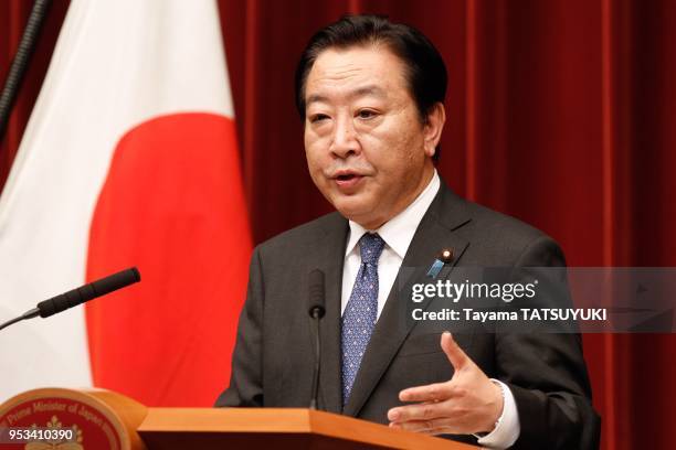 Japan's Prime Minister Yoshihiko Noda speaks during a press conference at his official residence on August 10, 2012 in Tokyo, Japan. Japan's upper...