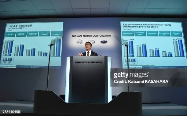 Le président directeur général de Nissan, Carlos Ghosn pendant une conférence de presse concernant les résultats financiers 2013 de la marque Nissan,...
