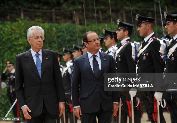 Italian prime minister Mario Monti received French President Francois Hollande on September 4, 2012 at the Villa Madama in Rome, Italy.