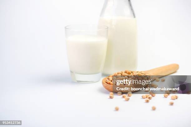 milk with soy beans on white background - soy milk bildbanksfoton och bilder