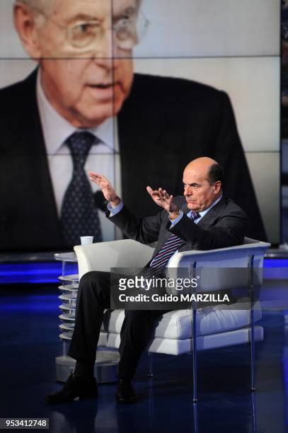 Centre-left leader Pier Luigi Bersani guest of the TV show 'Porta a Porta' on January 10, 2012 in Rome, Italy. Bersani is the front-runner for next...