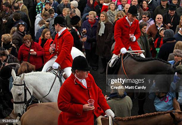 Huntsmen with the Avon Vale Hunt, chat to the crowd of hunt supporters as they gather for their traditional Boxing Day hunt, December 26, 2009 in...