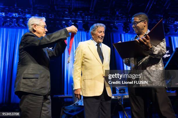 Tony Bennett receives the ICAP award from Herbie Hancock hands and with Claude Nobs presence on July 11, 2012 in Montreux, Switzerland.