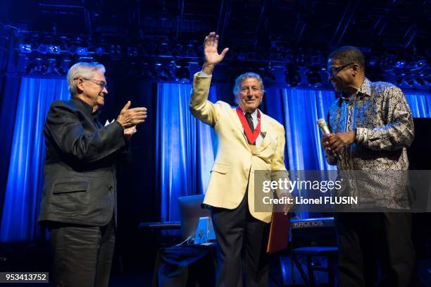 Tony Bennett receives the ICAP award from Herbie Hancock hands and with Claude Nobs presence on July 11, 2012 in Montreux, Switzerland.