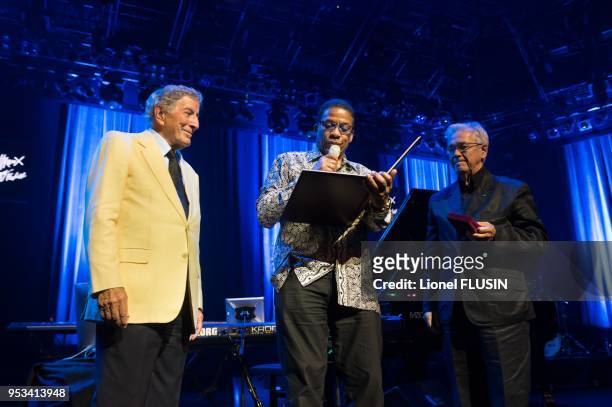 Tony Bennett receives the ICAP award from Herbie Hancock hands and with Claude Nobs presence on July 11, 2012 in Montreux, Switzerland.