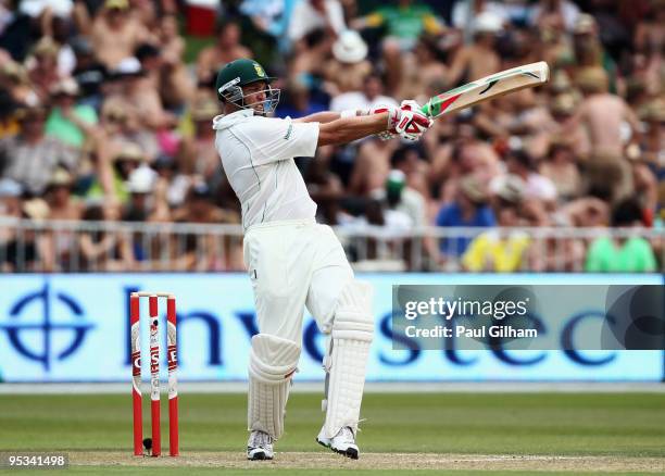 Jacques Kallis of South Africa hits out during day one of the second test match between South Africa and England at Kingsmead Stadium on December 26,...