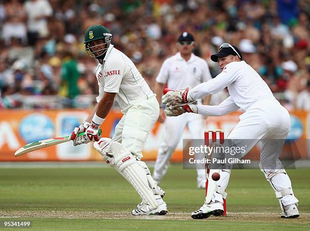 Jacques Kallis of South Africa hits out during day one of the second test match between South Africa and England at Kingsmead Stadium on December 26,...