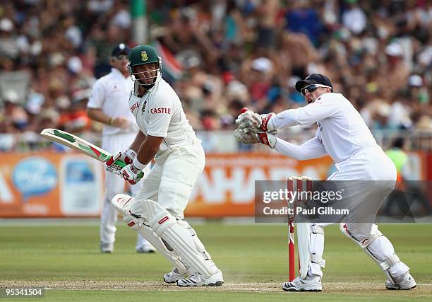 Jacques Kallis of South Africa hits out during day one of the second test match between South Africa and England at Kingsmead Stadium on December 26,...