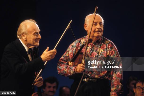 Yehudi Menuhin et Stéphane Grappelli en concert au Midem à Cannes en janvier 1991, France.