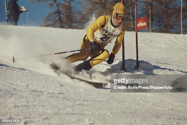 French alpine skier Bernard Orcel pictured in action during competition in the Men's giant slalom event, part of the 1970-71 FIS Alpine Ski World...