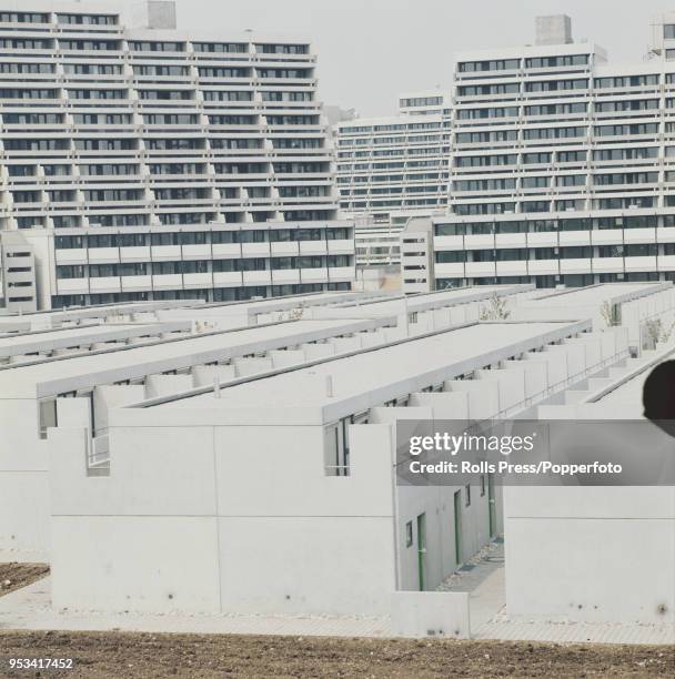 June 1972 view of the recently constructed Olympic Village, located in the Olympiapark, awaiting the arrival of athletes competing in the upcoming...