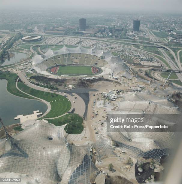 June 1972 from the Olympiaturm or Olympic Tower of the Munich Olympic Park with the Olympic Stadium, Olympic Swim Hall and Olympiahalle all in the...