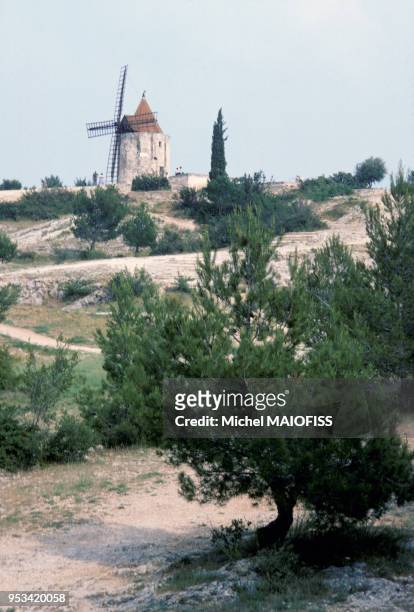 Vue du moulin de Alphonse Daudet à Fontvieille en juin 1979 en Provence, France.