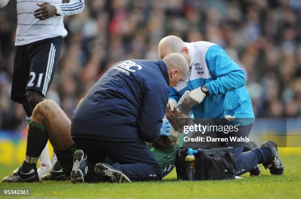 Joe Hart of Birmingham City has his head strapped during the Barclays Premier League match between Birmingham City and Chelsea at St. Andrew's...