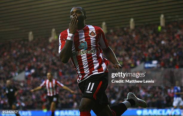 Darren Bent of Sunderland celebrates his goal during the Barclays Premier League match between Sunderland and Everton at the Stadium of Light on...