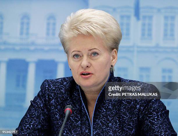 President of Lithuania Dalia Grybauskaite speaks during a joint press conference with President of Estonia Toomas Hendrik Ilves and President of...