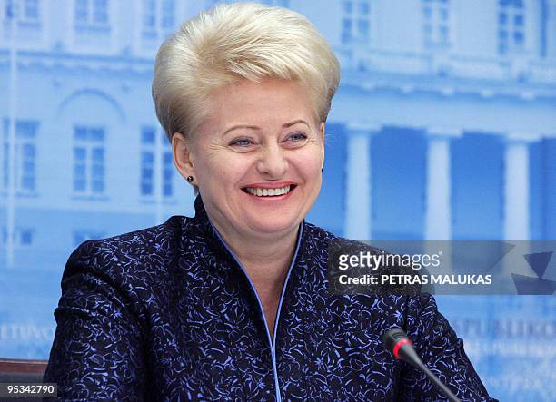 President of Lithuania Dalia Grybauskaite listens to questions during a joint press conference with President of Estonia Toomas Hendrik Ilves and...