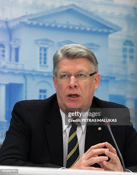 Latvia's President Valdis Zatlers speaks during a joint press conference with President of Lithuania Dalia Grybauskaite and President of Latvia...