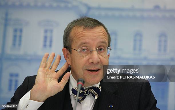 President of Estonia Toomas Hendrik Ilves listens during a joint press conference with President of Lithuania Dalia Grybauskaite and President of...