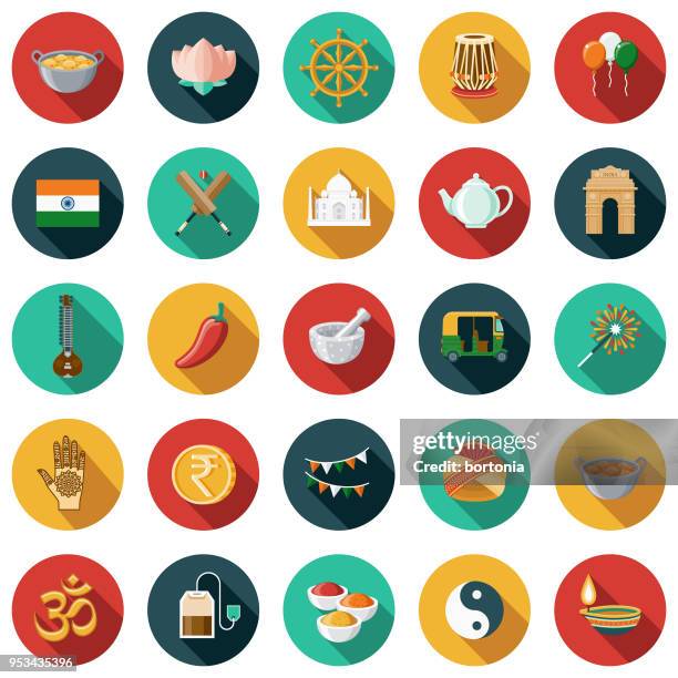 india flat design icon set with side shadow - cricket bat icon stock illustrations