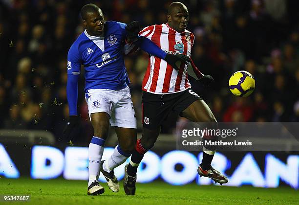 Nyron Nosworthy of Sunderland holds off Yakubu Ayegbeni of Everton during the Barclays Premier League match between Sunderland and Everton at the...
