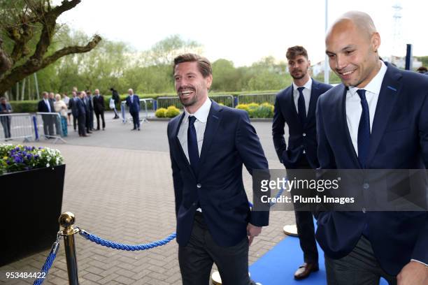 Adrien Silva and Yohan Benalouane of Leicester City arrive at King Power Stadium ahead of the Leicester City Player of the Year Awards at King Power...
