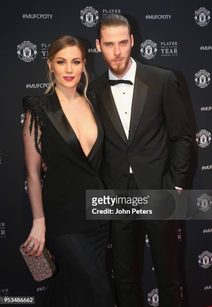 David de Gea of Manchester United arrives with his partner at Old Trafford ahead of the club's annual Player of the Year awards at Old Trafford on...